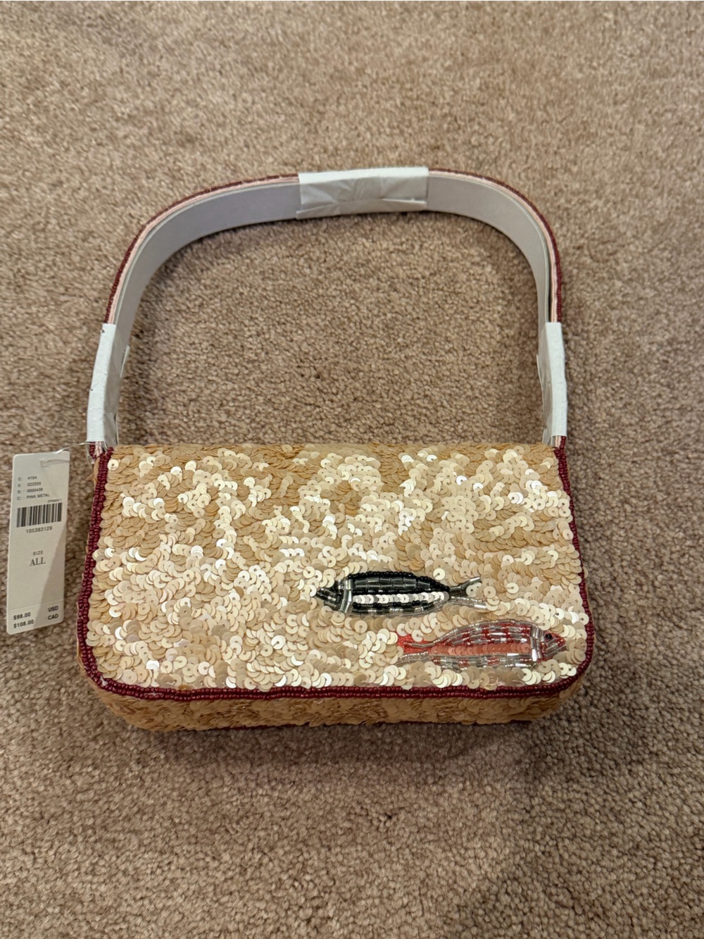 NWT new Anthropologie Fiona beaded shoulder bag purse sardines pink tan beige - Picture 6 of 16